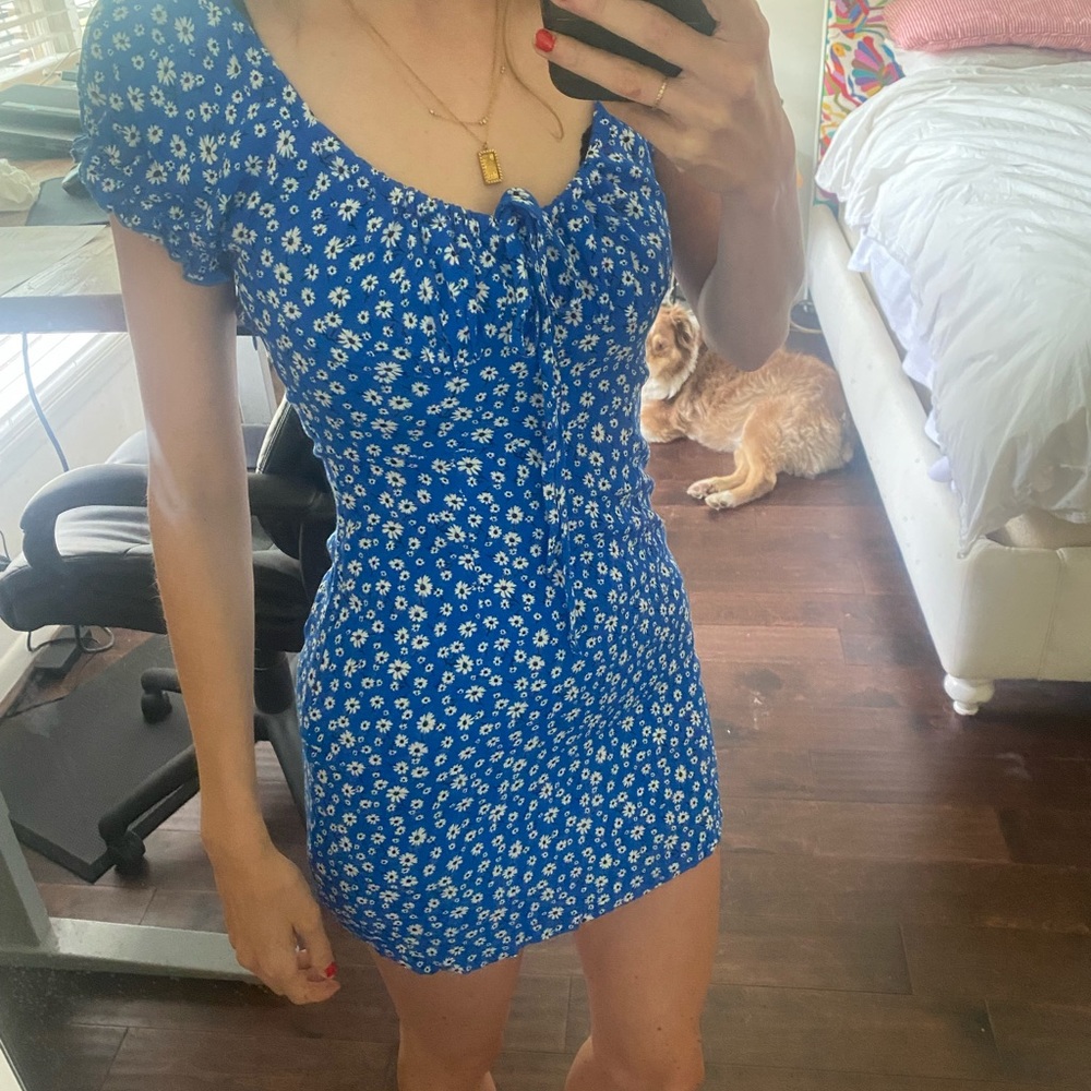 Ditzy Floral Blue Mini Dress Scoop Neck